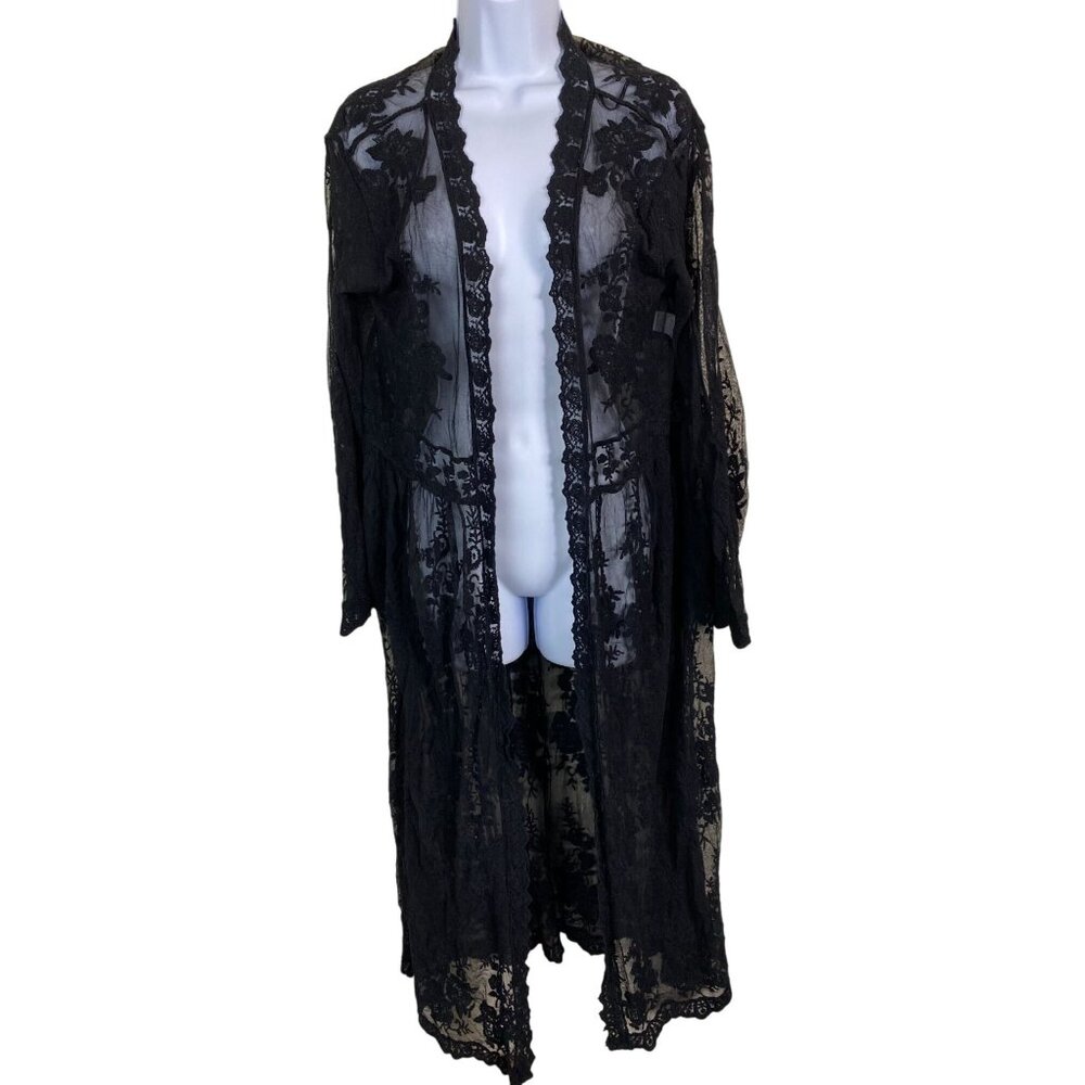 Hers & Mine Black Lace‎ Kimono Long Cardigan Size M/L Sheer Mesh Grunge Gothic